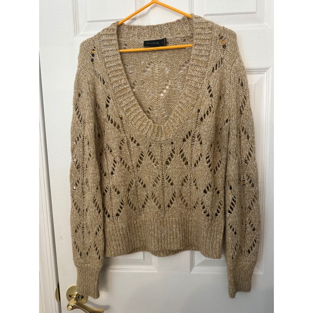 The Limited Tan Open Knit V-Neck Sweater Wool Alpaca Blend Pointelle Large